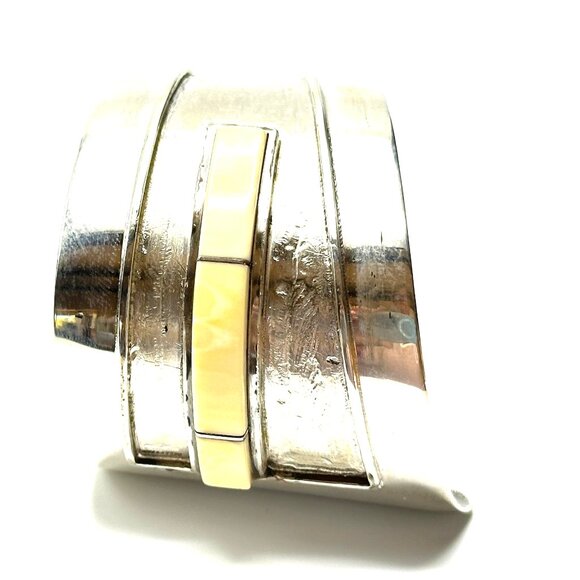 Vintage 1960s J. Woolsey Sterling Silver Cuff Bracelet with Bone Inlay — GUC - Picture 4 of 10